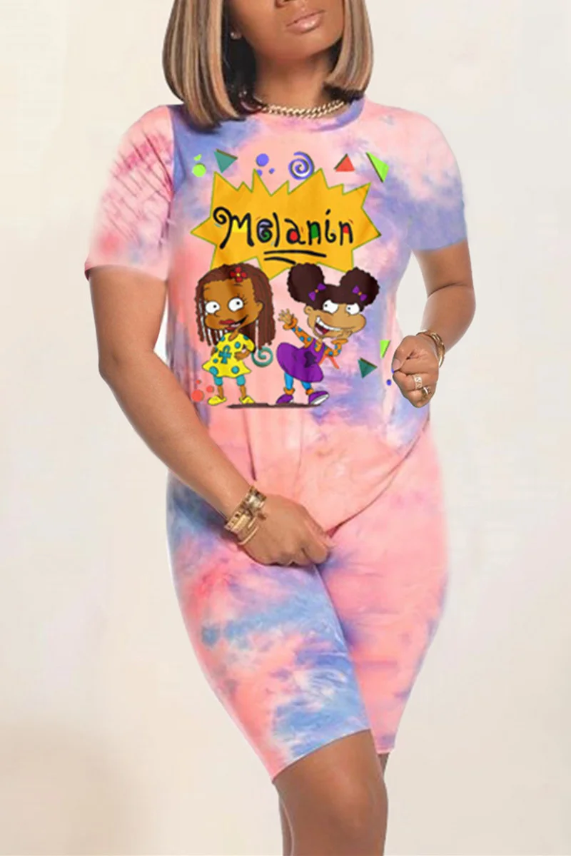 Pink Fashion Casual Printed Short Sleeve Shorts Set | EGEMISS