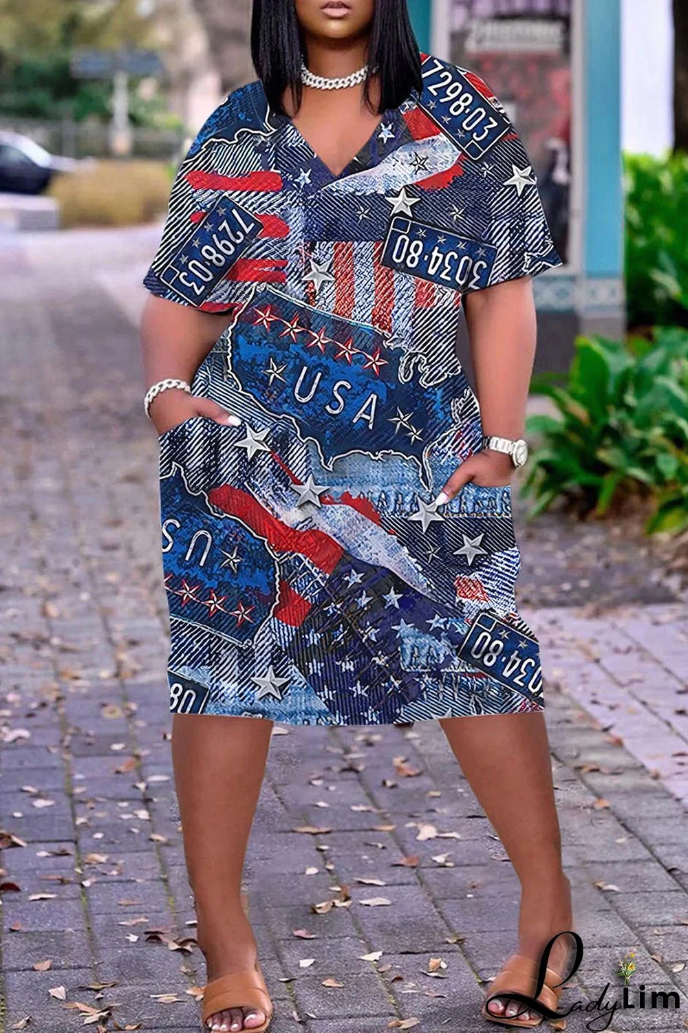 Blue Casual Print Patchwork Basic V Neck Short Sleeve Dress