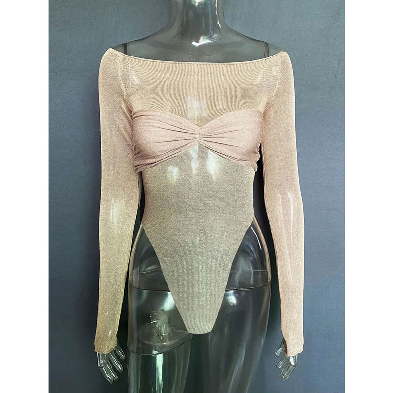 Ootddress Sheer Sexy Bodysuit Lingerie Mesh See-Through Body Tops Women 2025 New Long Sleeve Twist Wrap Backless Top Tees Bodysuits