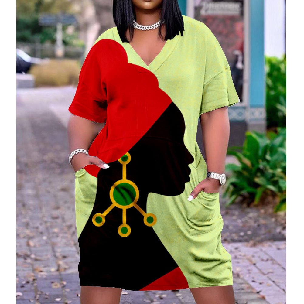 African Girl Print Plus Size V Neck Mid Sleeve Dress