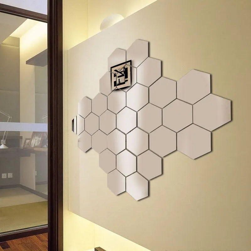 12pcs Hexagon Ball Room Bathroom Decor Acrylic Wall Mirror Irregular Mirror Living Room Decoration Mini Sticker Mirror