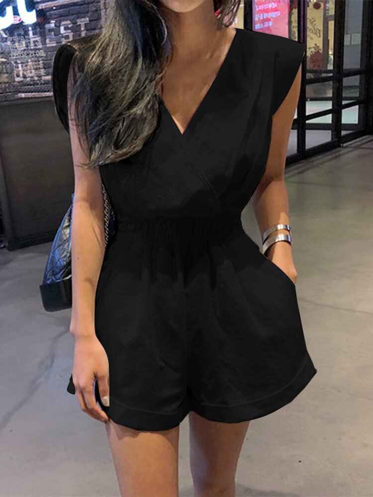 Solid Color Knotted Pocket High Waist V-Neck Sleeveless Romper - Life is Beautiful for You - SheChoic