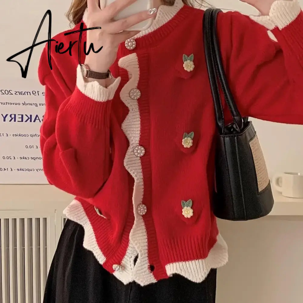 Chic Korean Fashion Flower Pattern Red Christmas Cardigan Sweaters Autumn Winter Long Sleeve Y2K Aesthetic Knitted Tops Christmas New Year Aiertu