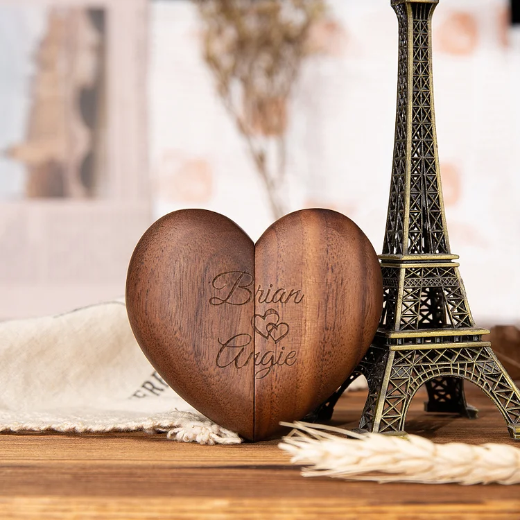 Heart-shaped Ring Box Personalized 2 Names Solid Wood Ring Box for Proposal