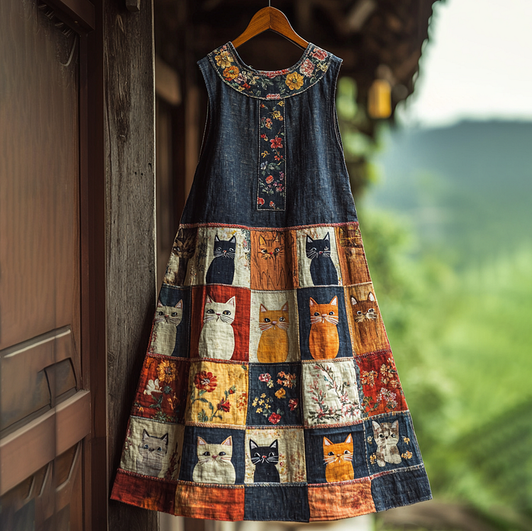 Casual Pop Cat Denim Patchwork Dress