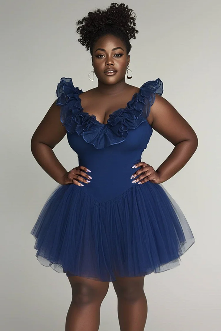 Xpluswear Design Plus Size Party Blue Casual V Neck Ruffle Contrast Tulle Mini Dresses [Pre-Order] 2024 - Xpluswear