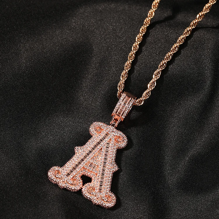 Iced Out Cursive Initial Letter Pendant Necklace Hip Hop Jewelry-VESSFUL