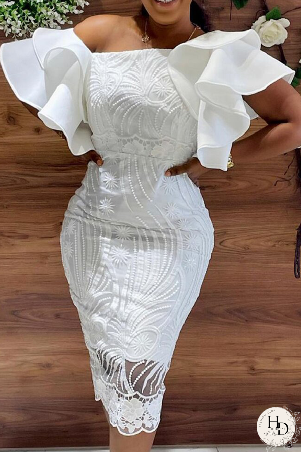 White Sexy Solid Lace Off the Shoulder Pencil Skirt Dresses