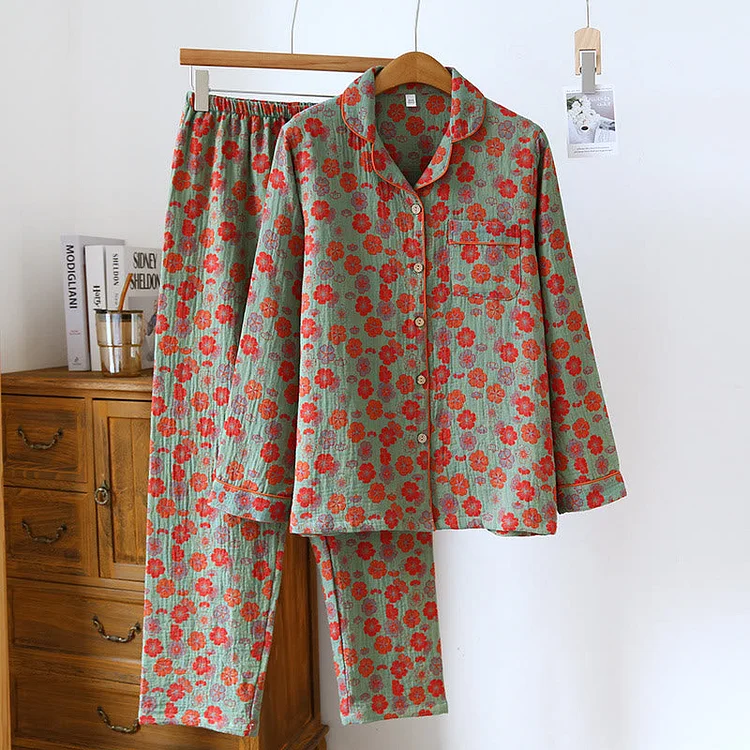 Plum Blossom Button Cotton Loungewear Set Radinnoo.com