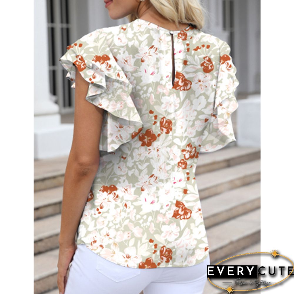 Pea Green Ruffle Sleeve Chiffon Floral Pullover Tops