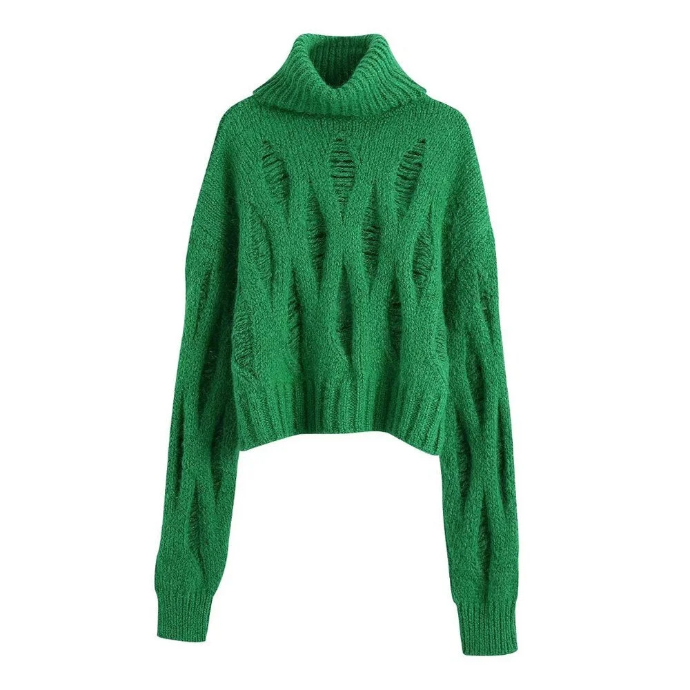 TRAF Women Fashion Loose Ripped Green Crop Knit Sweater Vintage High Neck Long Sleeve Female Pullovers Chic Tops