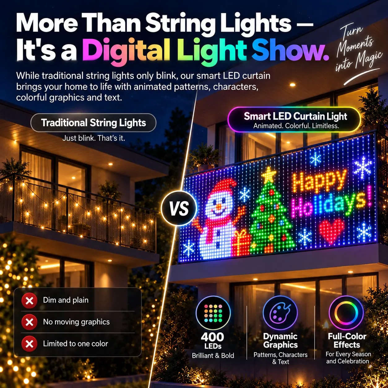 400 LED curtain lights displaying animated Christmas graphics