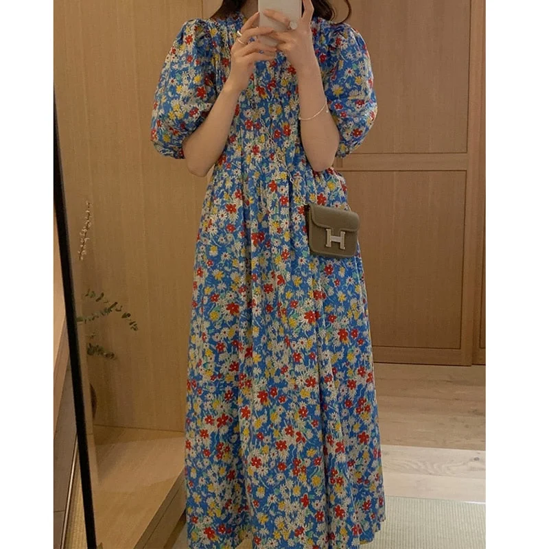 Huiketi Sleeve V-neck Floral Dress Women Summer Korean Print Loose Female Dresses Casual Eleagnt A-line Vintage Dress Vestido 27237