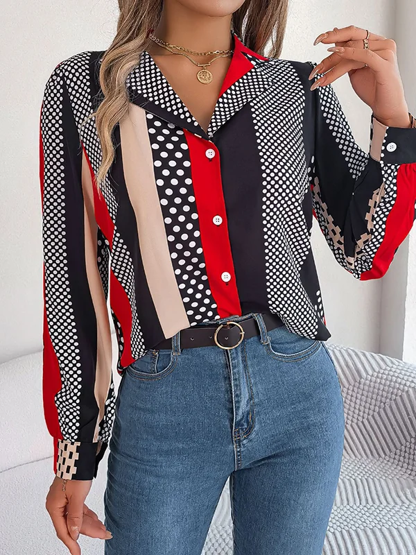 Polka-Dot Contrast Color Buttoned Long Sleeves Notched Collar Blouses&Shirts Tops