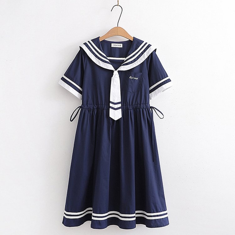 Sailor Collar Pocket Lace Up A-line Dress - Modakawa modakawa