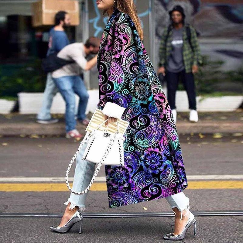 Long Double-Breasted Coat Printed Loose Coat