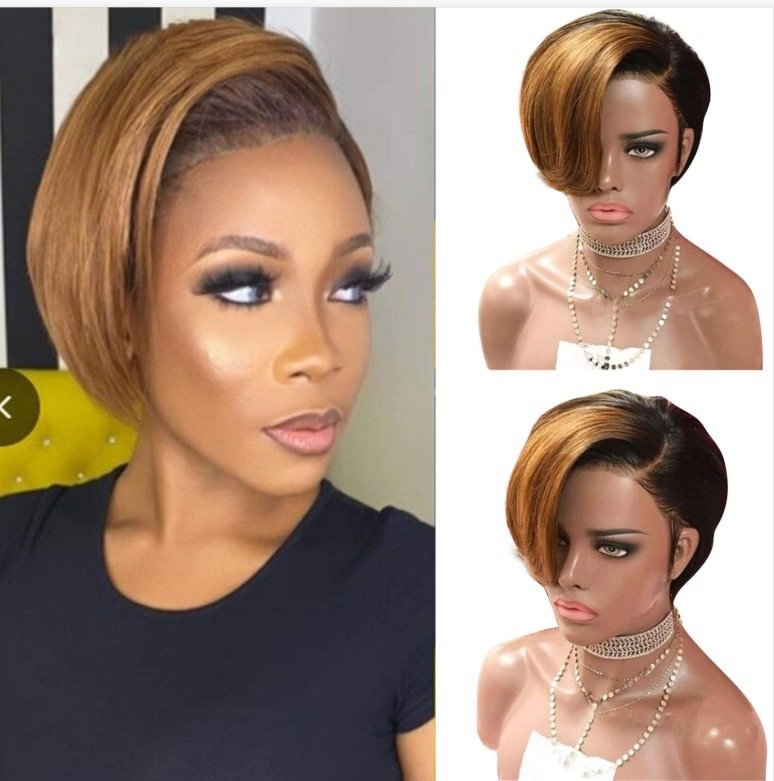 🔥Hot| Ombre Short Bob Pixie Cut Wig Brazilian Lace Front Curly Human Hair Wigs with Oblique Bangs US Mall Lifes