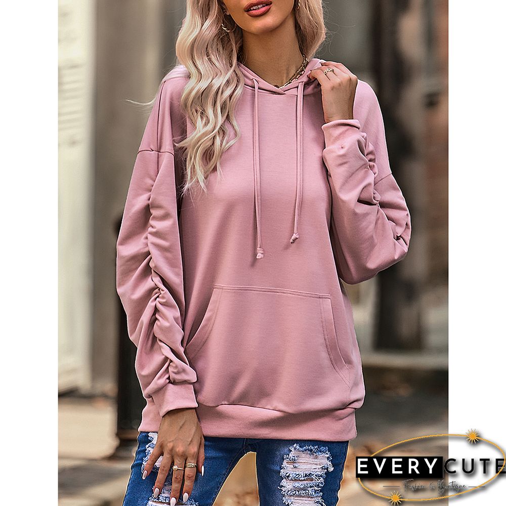 Pink Pleated Sleeve Drop Shoulder Kangroo Hoodie