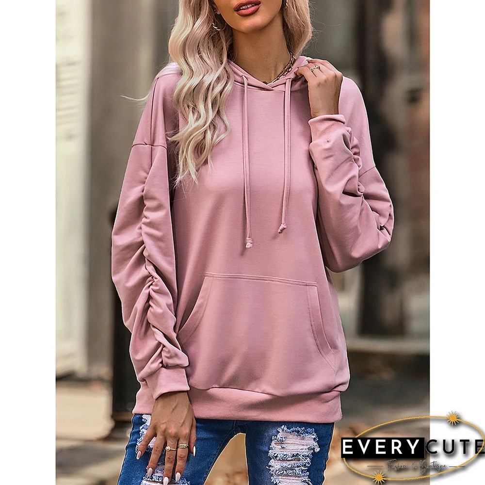 Pink Pleated Sleeve Drop Shoulder Kangroo Hoodie