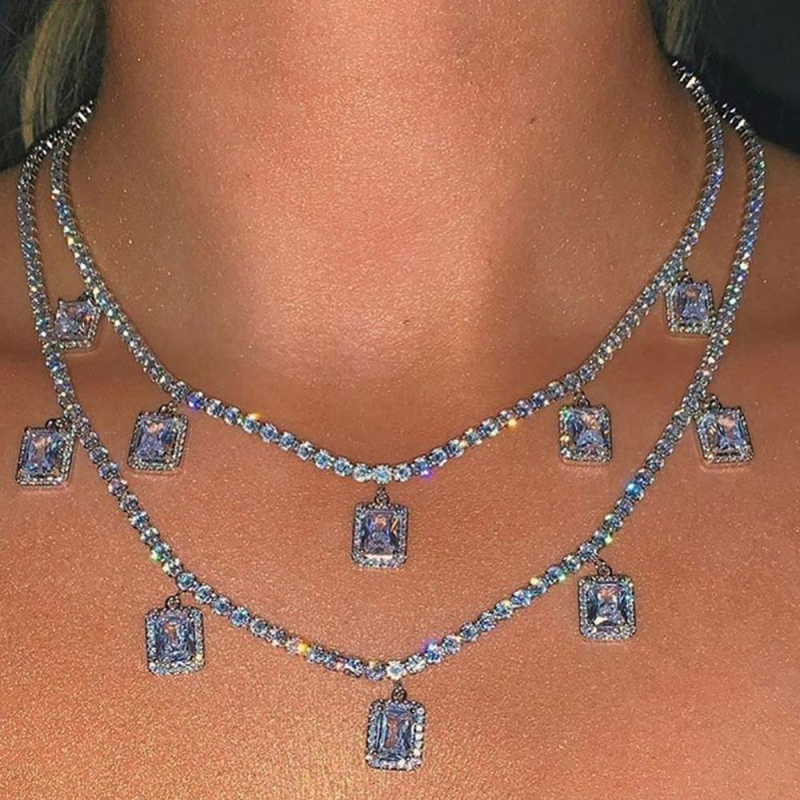 4MM Iced Out Crystal Square Choker Necklace Women Tennis Chain Jewelry-VESSFUL