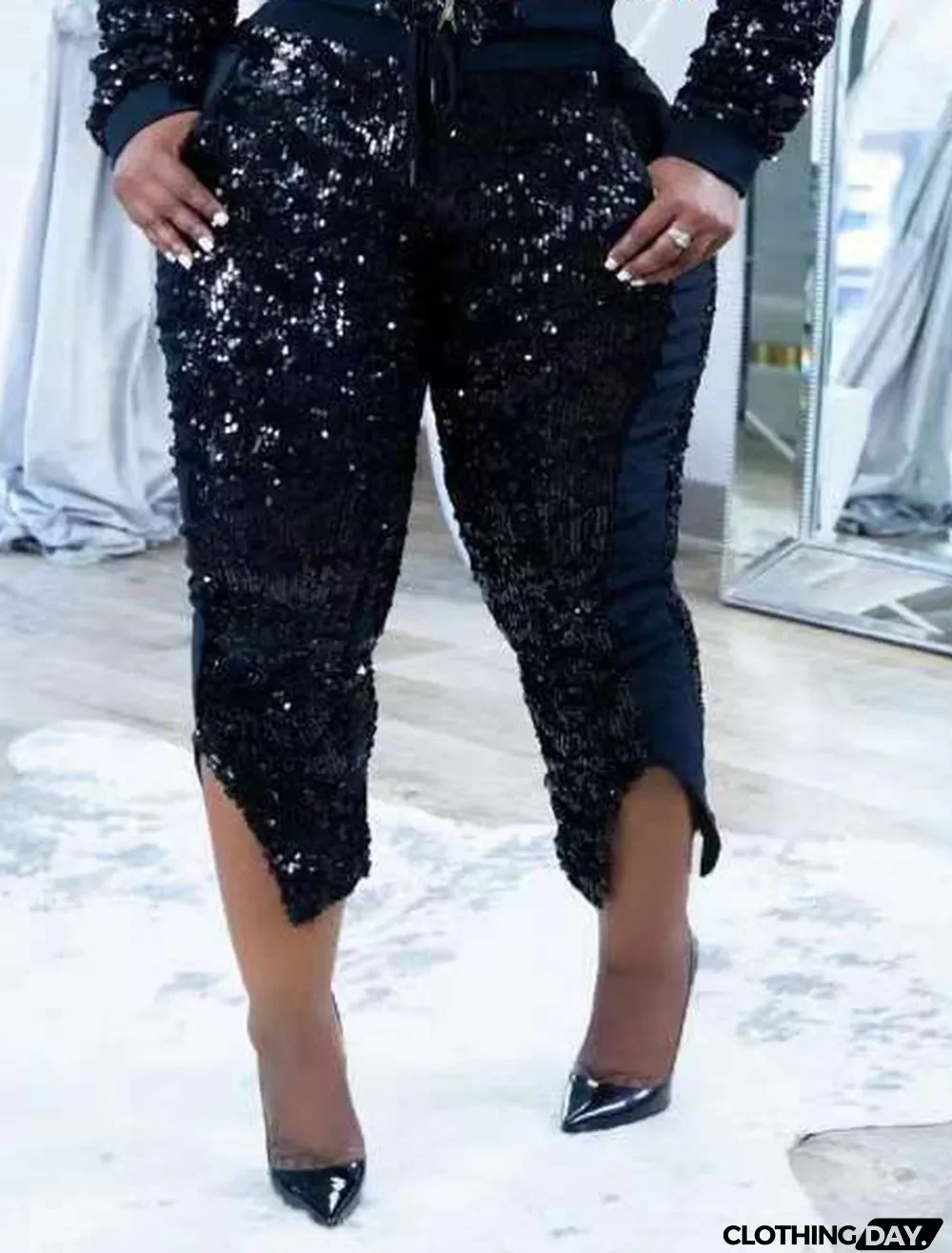 Women Casual Sequins Slit Pants