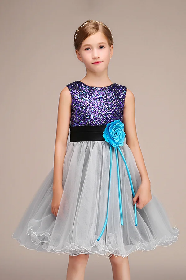 Daisda Latest Jewel Sleeveless Tulle Flower Girl Dress with Handmade Flower Sequins