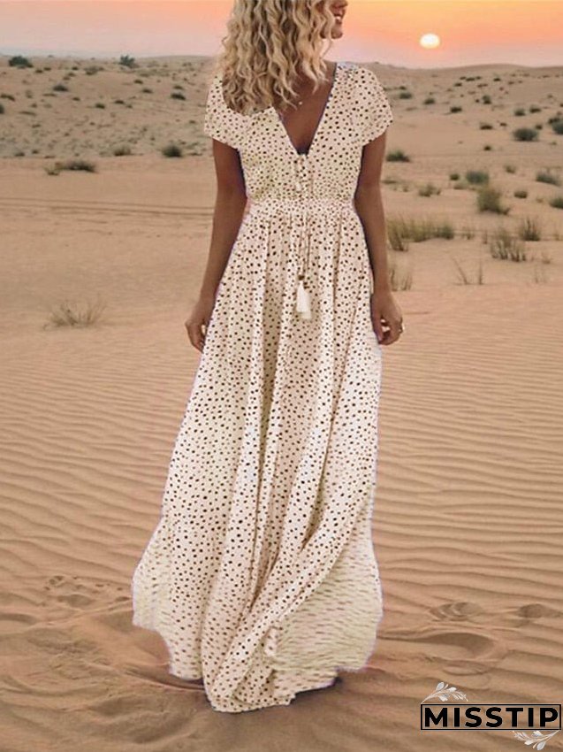 Casual Dress Swing Boho Long Maxi Light Blue Creamy-white Pink Short Sleeve Polka Dot