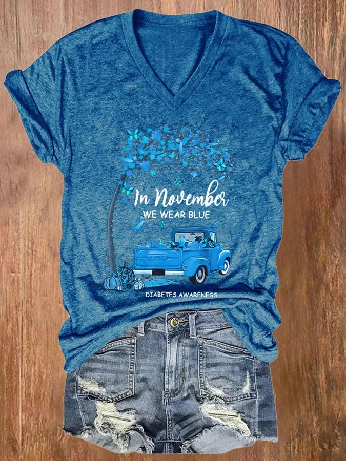 Women's In November We Wear Blue Diabetes Awareness Print V Neck T-Shirt
