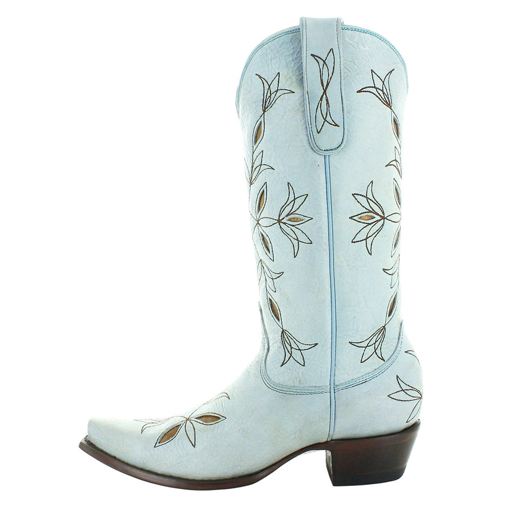Light Blue Snip Toe Embroidered Floral Inlay Western Boots for Women