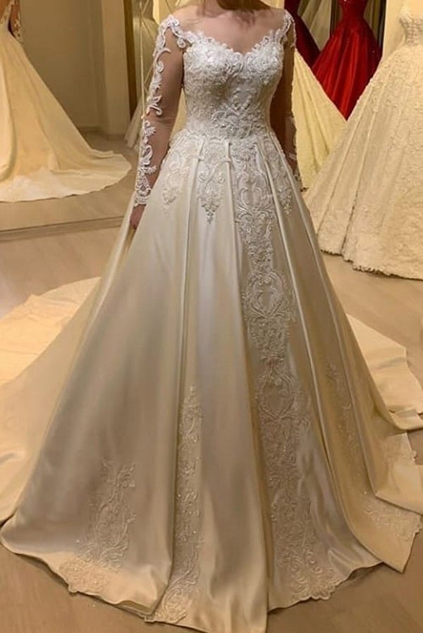 Stunning Sweetheart Long Sleeve Pearl Satin A-Line Wedding Dress With Appliques Lace | Ballbellas Ballbellas