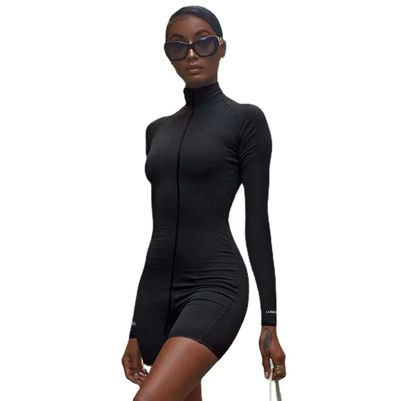 Uveng Zipper Stretch Turtleneck Embroidered Street Hipster Slim Fit Fitness Jumpsuit Yoga Suit