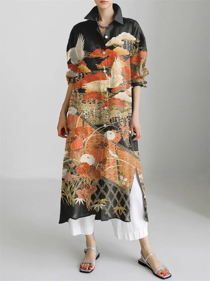 Japanese Cranes & Flowers Print Long Sleeve Slit Shirt Dress