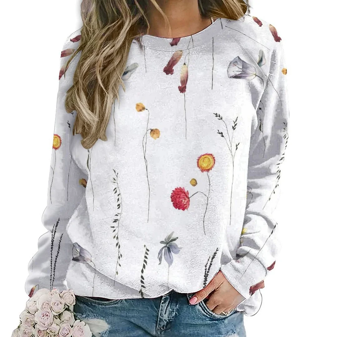 Printed Long Sleeve Casual Sweatshirt for  Women and Men Unisex Pattern Floral, Red, Yellow