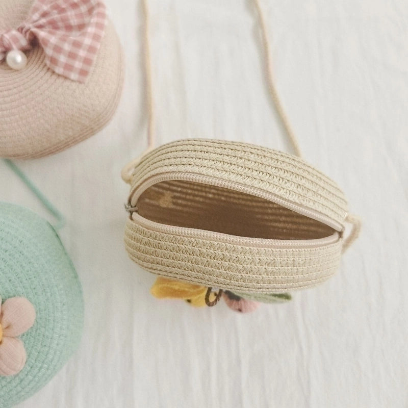 Girl’s Small Straw Flower Bow Knot Cute Round Zipper Crossbody Bag