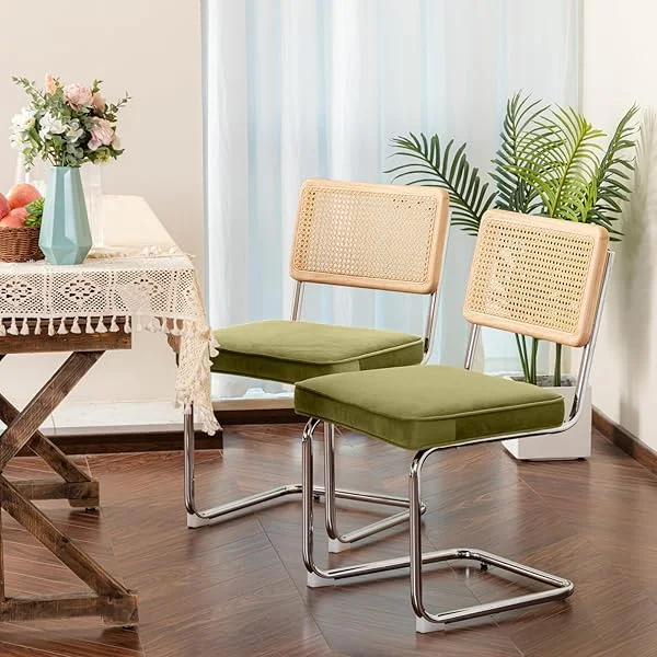 Dining Chairs Set of 2, Mid-Century Modern Velvet Kitchen Chairs with Cane Woven Backrest & Metal Legs, Rattan Chairs for Kitchen & Dining Room Green 2 pcs