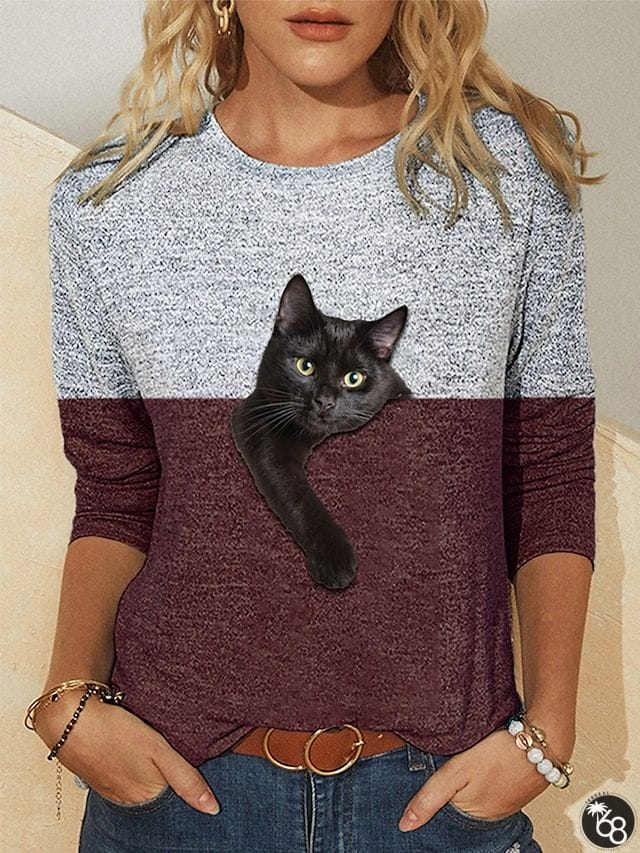 Women's T shirt Tee Wine Blue Camel Graphic Color Block Print Long Sleeve Casual Daily Basic Vintage Round Neck Regular 3D Cat S | 168DEAL
