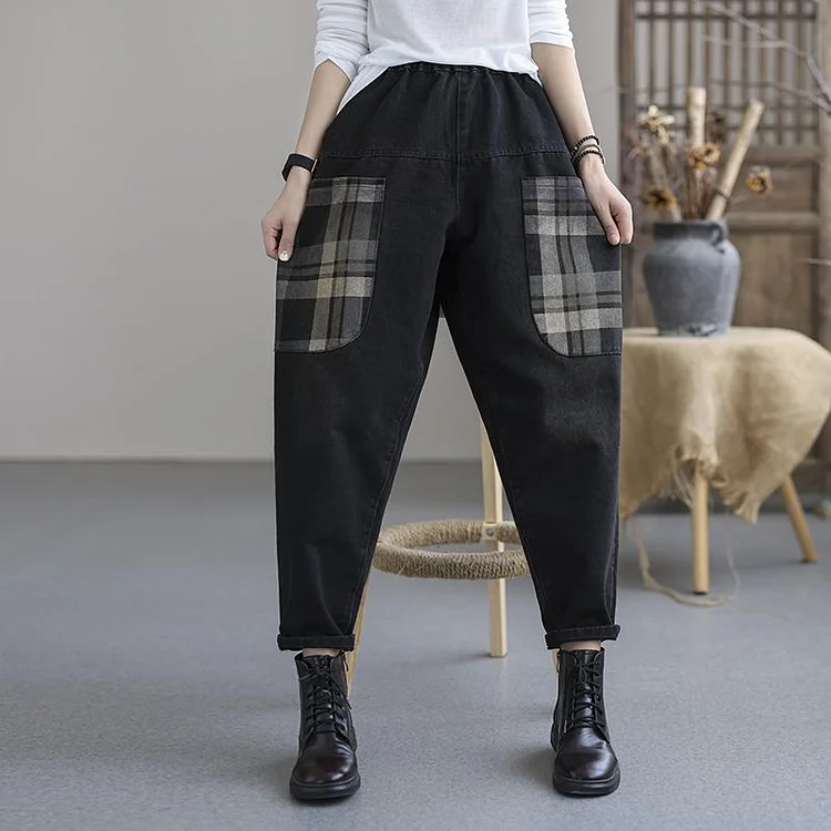 Vintage Autumn Plaid Pockets Casual Cotton Denim Pants