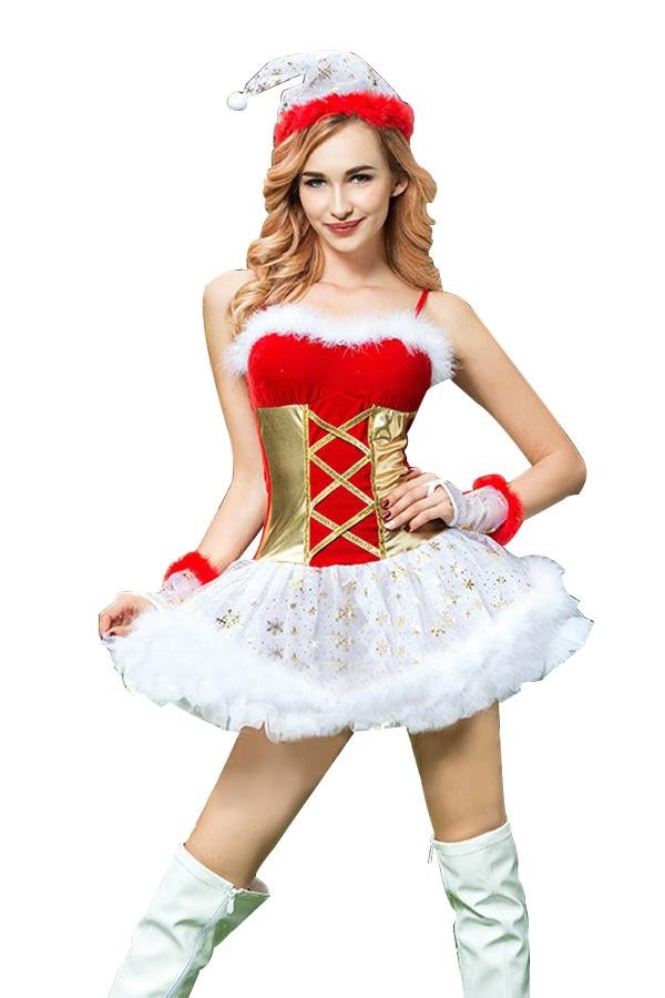 Womens Sexy Spaghetti Straps Cute Christmas Santa Costume Red-elleschic