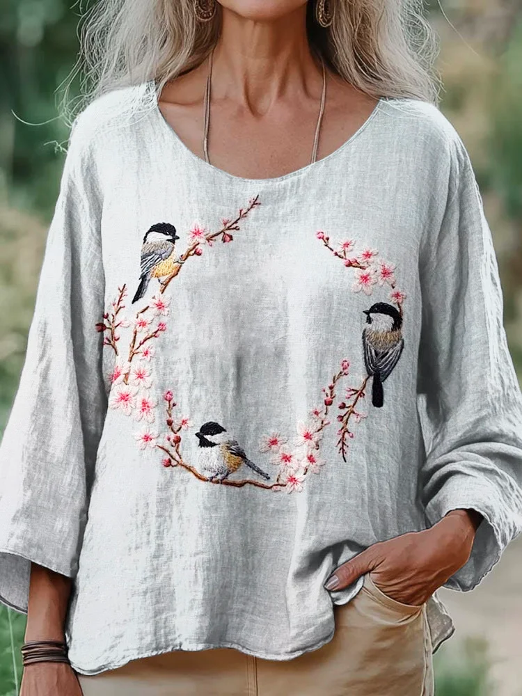 Sakura & Birds Embroidered Women's Linen Loose Shirt
