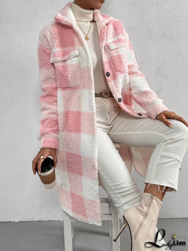 Autumn and Winter Open Buckle Lapel Plush Plaid Coat Loose Commuter Long Coat