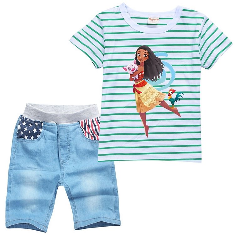 Girls Striped Moana Print Boys Cotton T Shirt Denim Shorts Suit Sets-Mayoulove