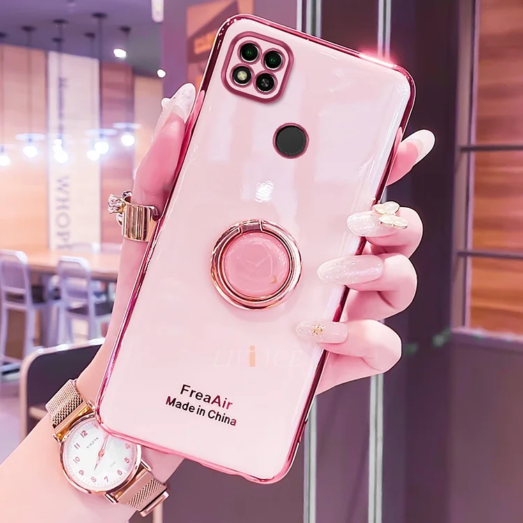 On Redmi9c Ring Holder Soft Silicone Phone Stand Case For Xiaomi Redmi  9C Nfc Luxury Plating Gold Bumper Back Cover