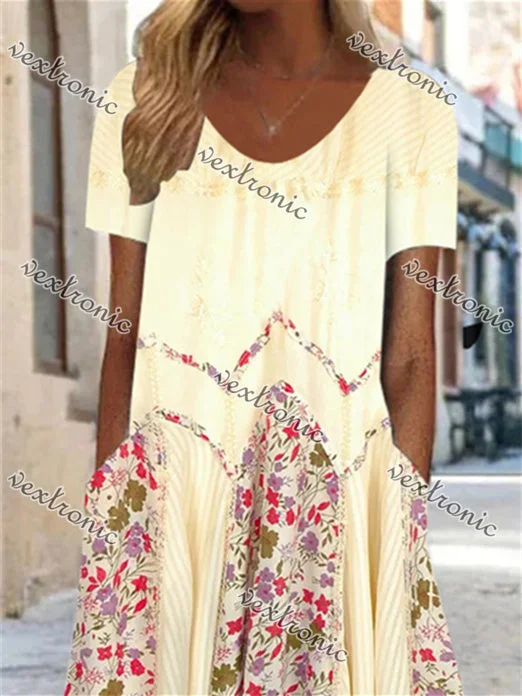 Women Short Sleeve Scoop Neck Floral Printed Stitching Maxi Dress