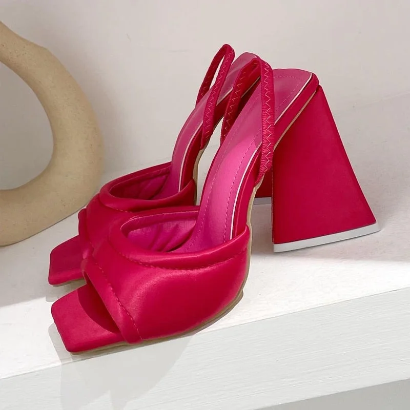 Eilyken Silk Green high heels Sandals Fashion Open Toe Triangle Square Heels Back Strap Women Sandals Dress Shoes