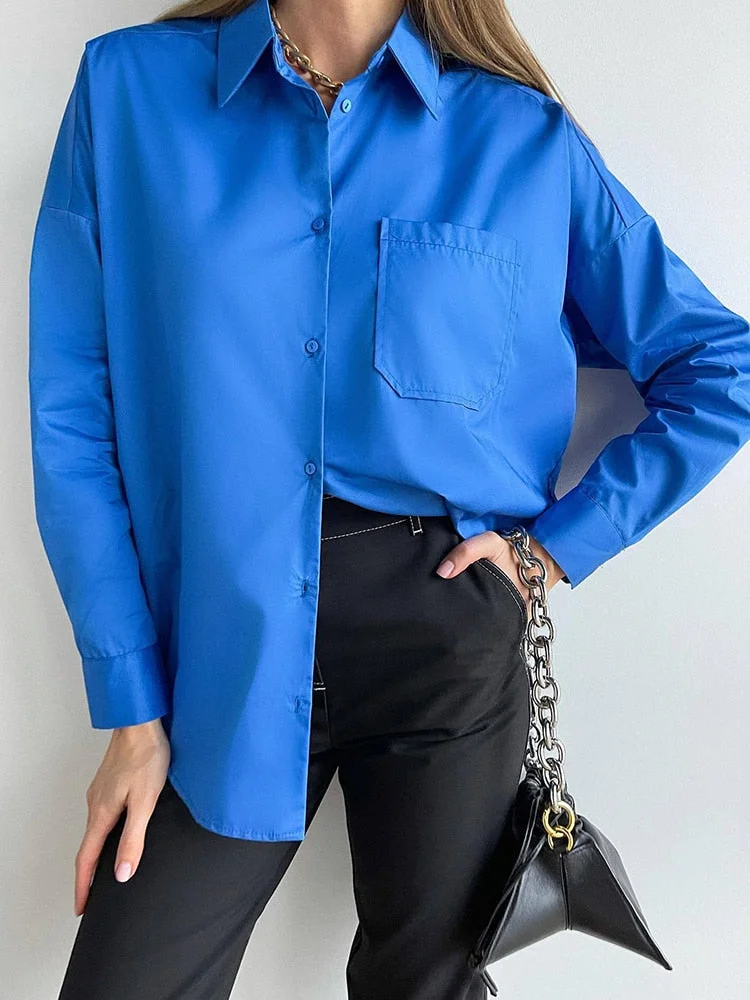 Back to school  Casual Klein Blue Shirt Spring Summer Long Sleeve Cotton Blouse Office Lady Elegant Solid Loose Tops Oversize Green Blusa Tunic