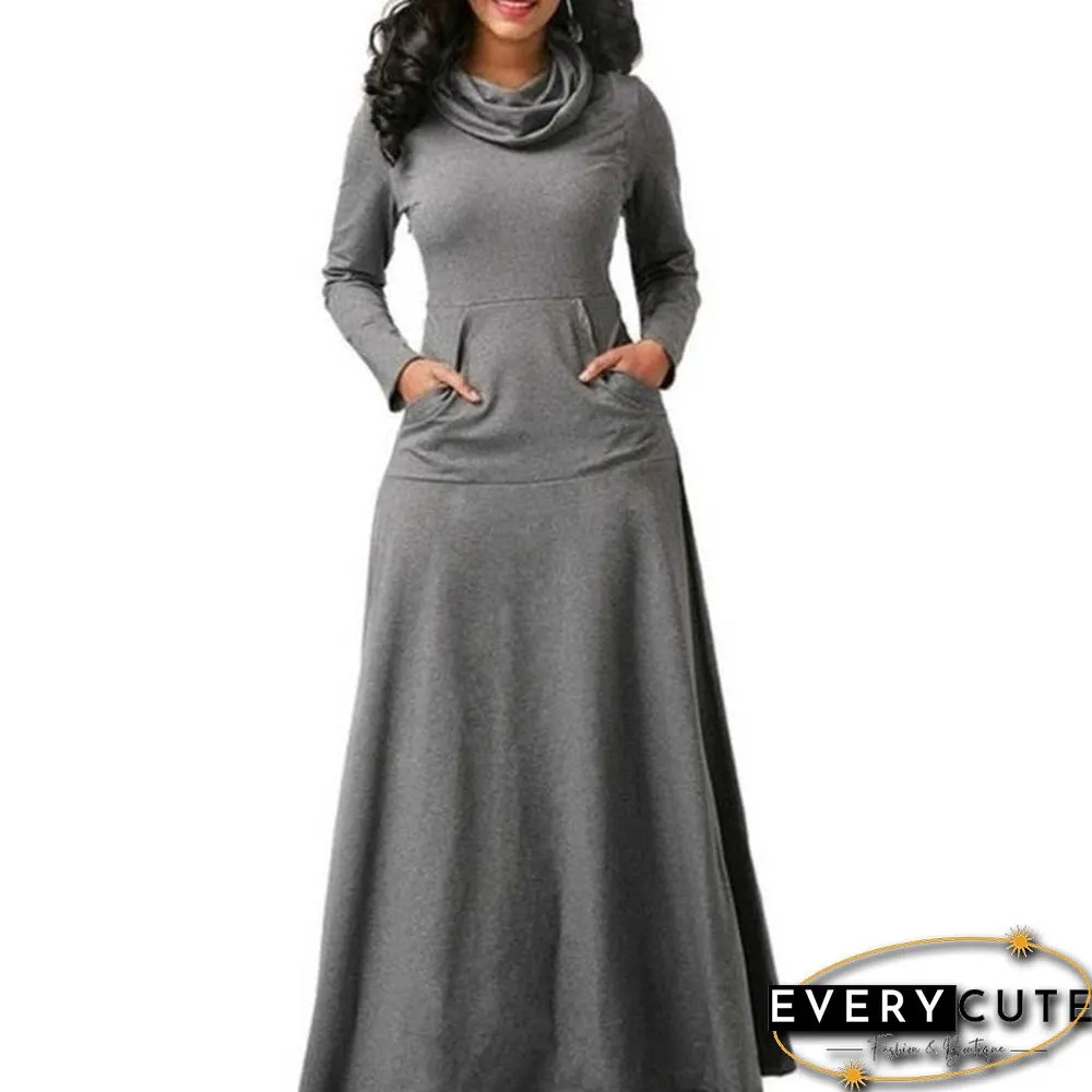 Women Warm Dress With Pocket Casual Solid Vintage Autumn Winter Maxi Dress Robe Bow Neck Long Elegant Dress
