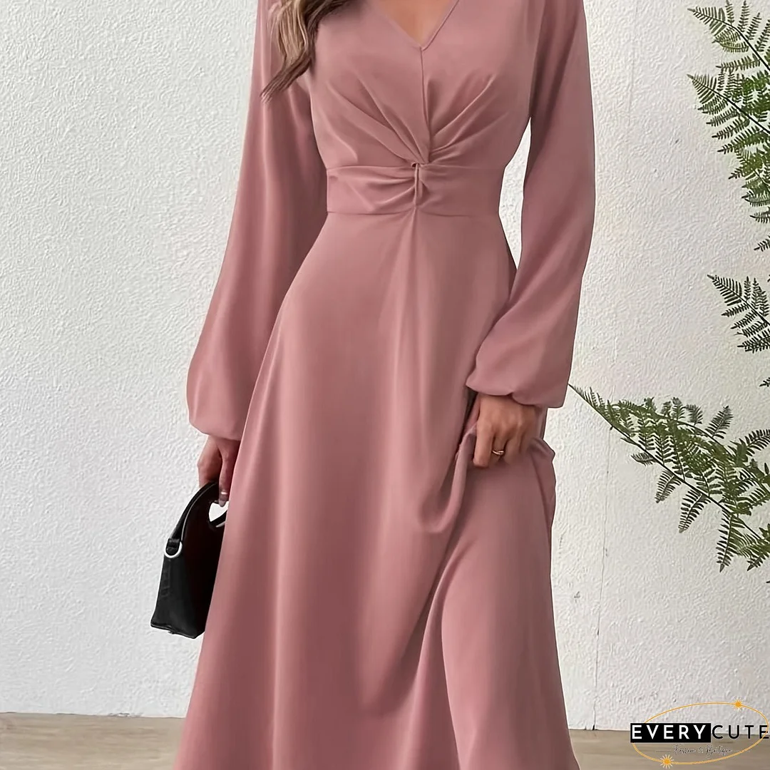 Twist Front Lantern Sleeve Dress, Chic V Neck A-line Dress For Spring & Fall, Women's Clothing