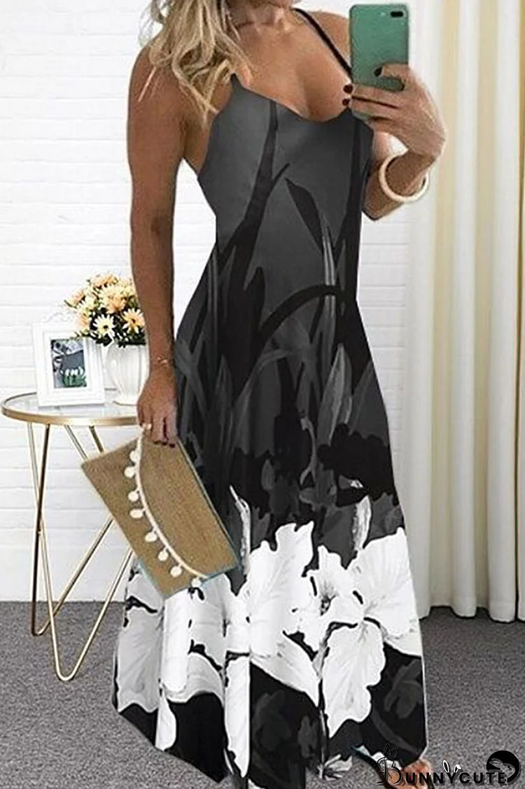 Grey Casual Print Patchwork Spaghetti Strap Sling Dress Dresses