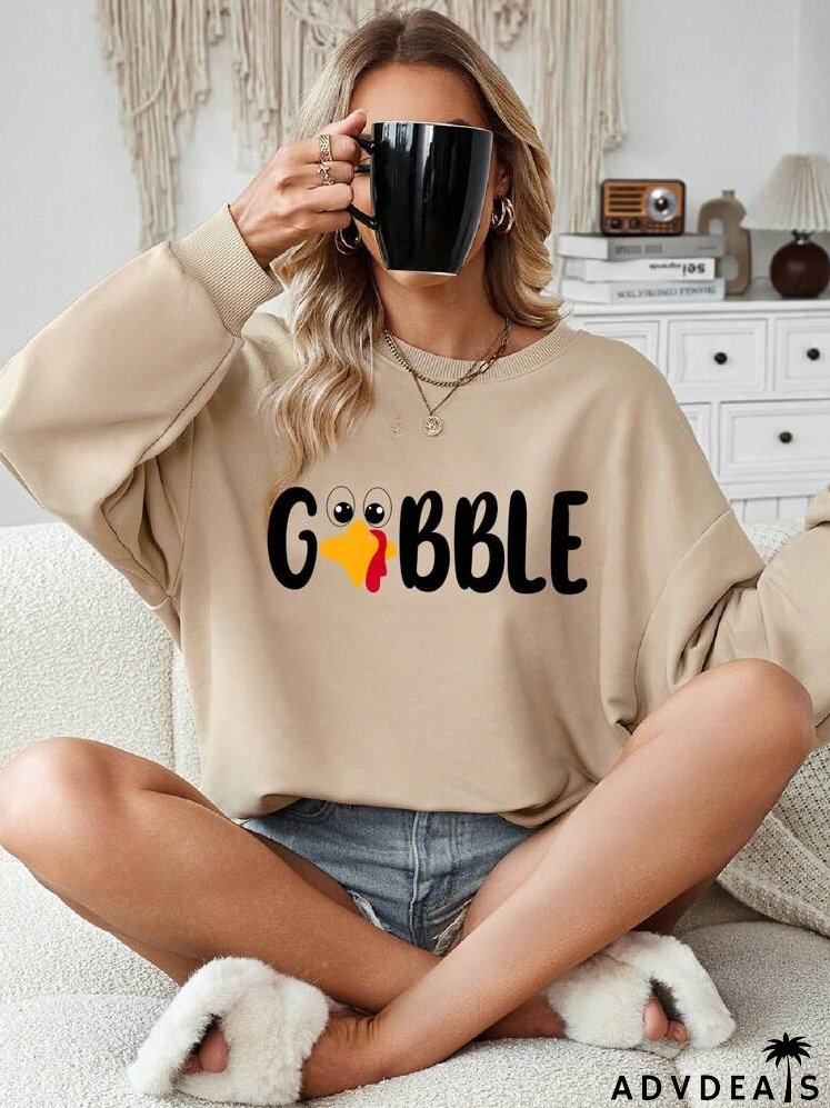 Casual Minimalist Thanksgiving Turkey Graphic Round Neck Loose Thick Sweatshirt, Plus Size