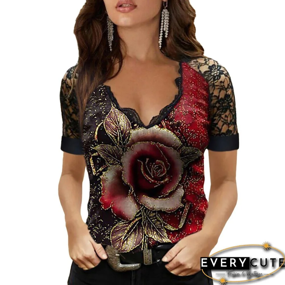 Women Rose Print T-Shirt Lace V-Neck Short Sleeve Pullover  Ladies T Shirt Party Summer Tops Sexy Casual Top Female Tees D30